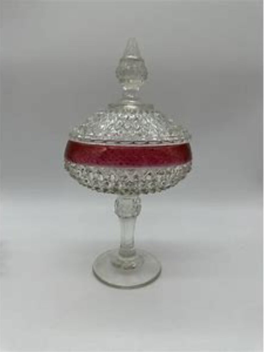 VTG Indiana Glass Clear & Cranberry Diamond Point Pedestal Lidded Candy Dish